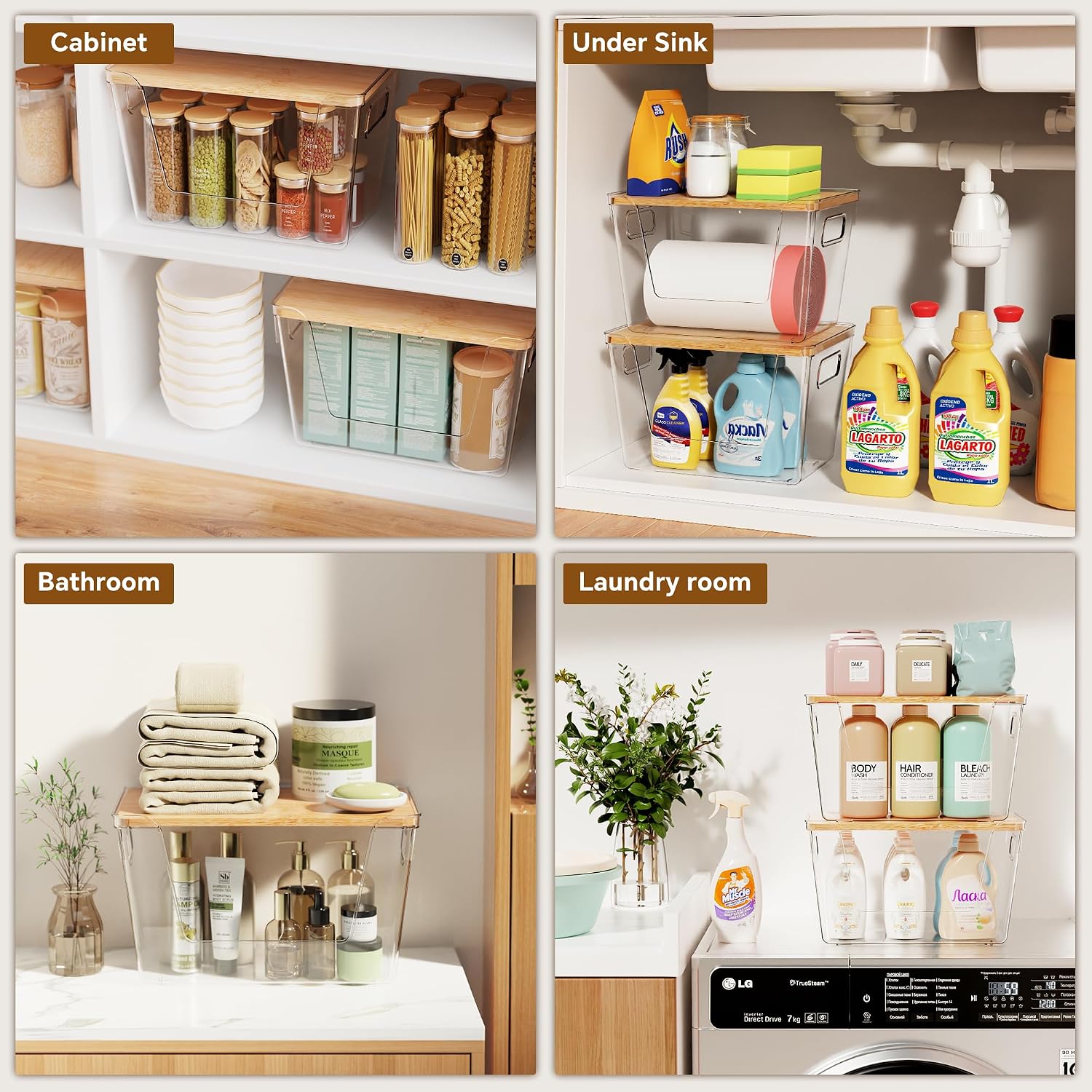 2 Set Pantry Organizers And Storage With Bamboo Lids, Stackable Clear Bins For Onion, Potato, Fruit, Vegetables, Trash Bag Dispenser, Kitchen And Under Sink Organizer