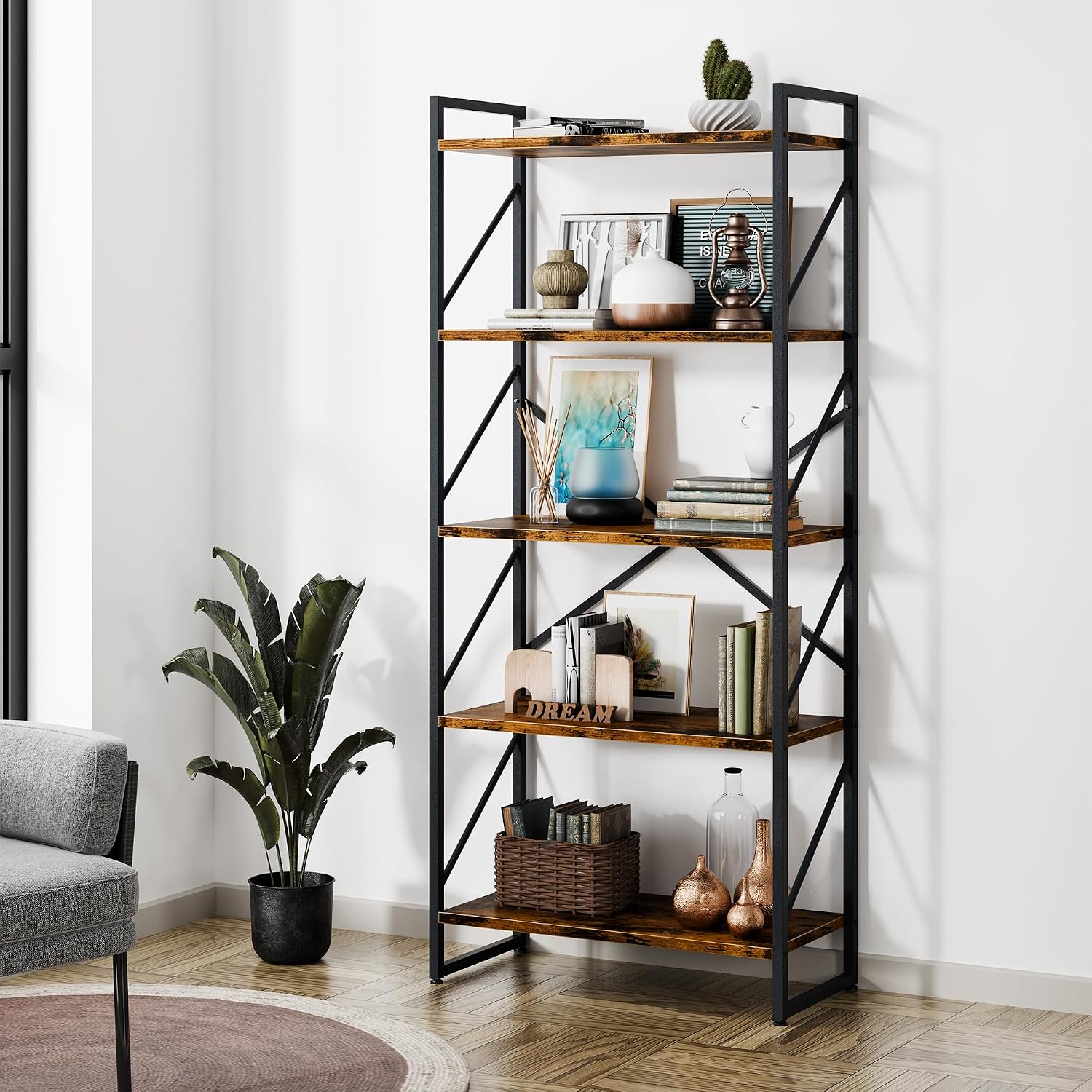 Shintenchi 5 Tiers Bookshelf, Classically Tall Bookcase Shelf, Industrial Book Rack, Modern Book Holder In Bedroom/Living Room/Home/Office, Storage Rack Shelves For Books/Movies-Rustic Brown