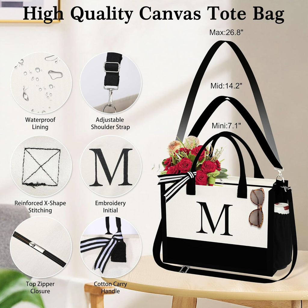 YOOLIFE Gifts for Women - Initial Canvas Tote Bag & Makeup Bag, Birthday Gifts for Women Mom Sister Friends