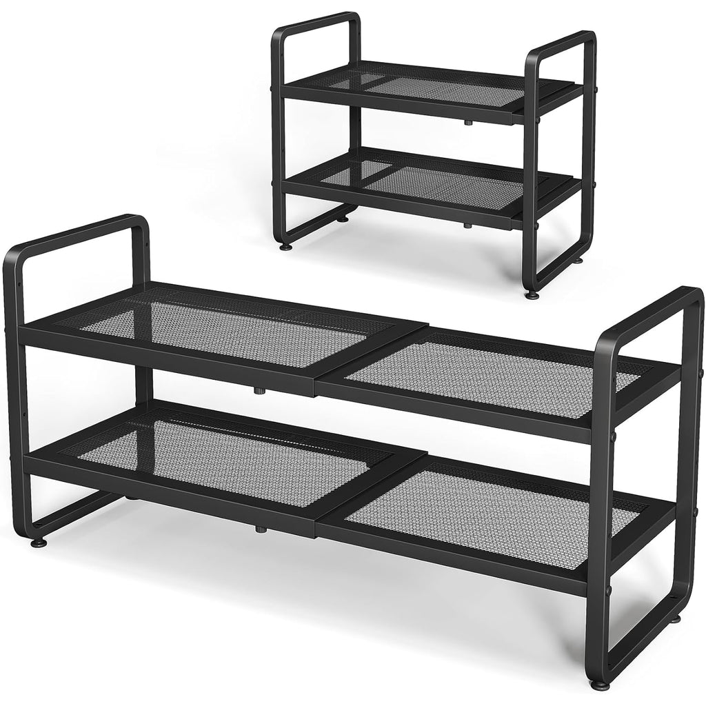 SNTD Shoe Rack - Expandable Shoe Organizer for Closet, Adjustable Metal Shoe Shelf Storage, Stackable Long Shoe Stand Holder for Garage, Entryway, Door Entrance (Black, 2-Tier)