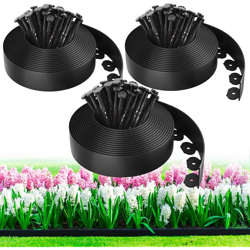 Mixc 100Ft Landscape Edging Kit With 150 Spikes, Not Digging Flexible Plastic Edge Border For Landscaping, Lawn, Garden, Flower Beds, Yard, Paver, Playground, Pathway,3Pack, 33Ft Each,1.5In High