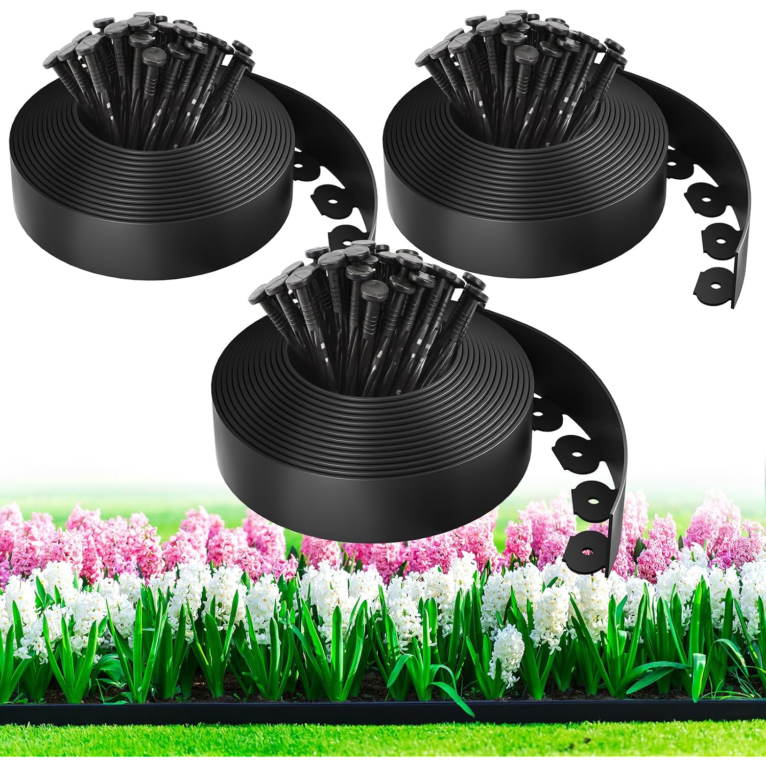 Mixc 100Ft Landscape Edging Kit With 150 Spikes, Not Digging Flexible Plastic Edge Border For Landscaping, Lawn, Garden, Flower Beds, Yard, Paver, Playground, Pathway,3Pack, 33Ft Each,1.5In High