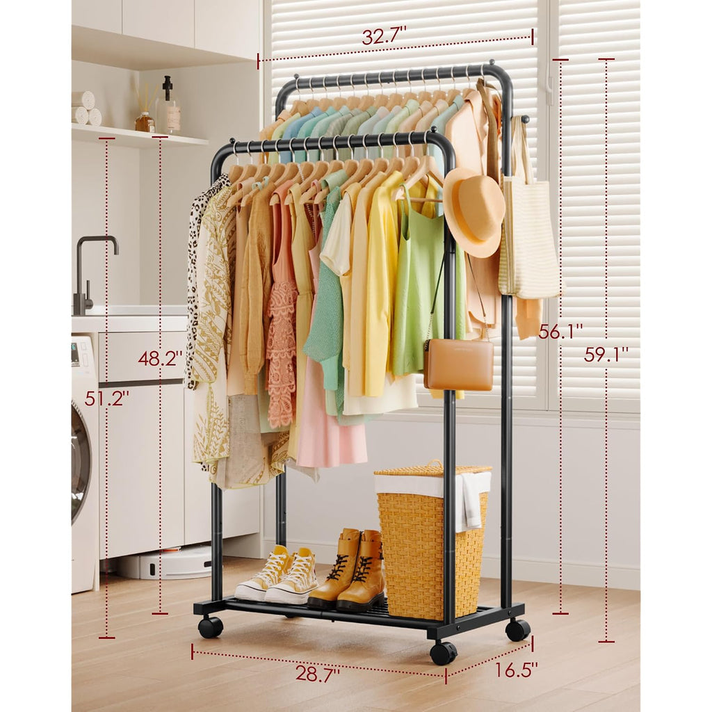 Clothes Rack - Double Rods Clothing Rack With Mesh Shelf, Hooks & Wheels, Metal Clothing Racks For Hanging Clothes & Bags, Multifunctional Garment Rack For Laundry, Black, 28.7" X 16.5" X 59.1"