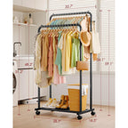 Clothes Rack - Double Rods Clothing Rack With Mesh Shelf, Hooks & Wheels, Metal Clothing Racks For Hanging Clothes & Bags, Multifunctional Garment Rack For Laundry, Black, 28.7" X 16.5" X 59.1"