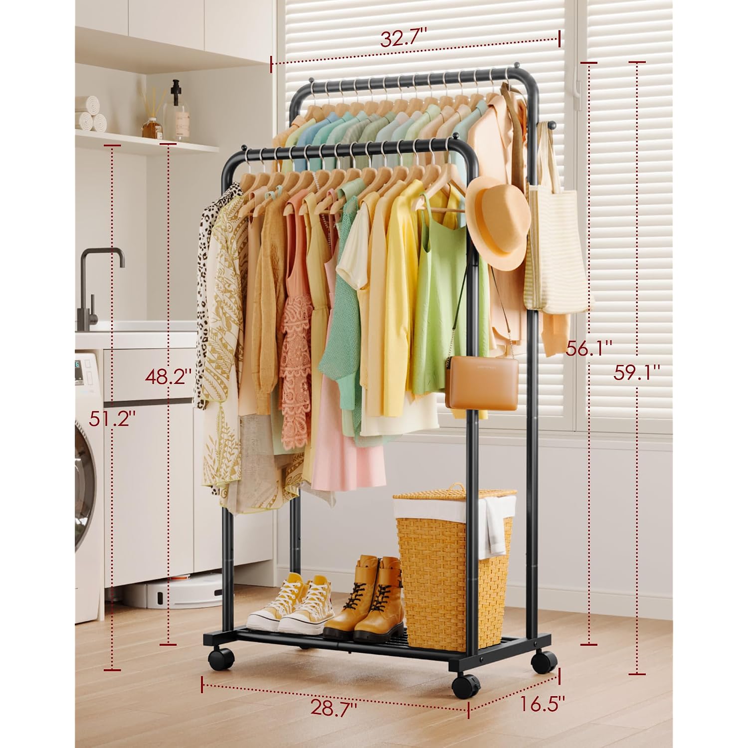 Clothes Rack - Double Rods Clothing Rack With Mesh Shelf, Hooks & Wheels, Metal Clothing Racks For Hanging Clothes & Bags, Multifunctional Garment Rack For Laundry, Black, 28.7" X 16.5" X 59.1"