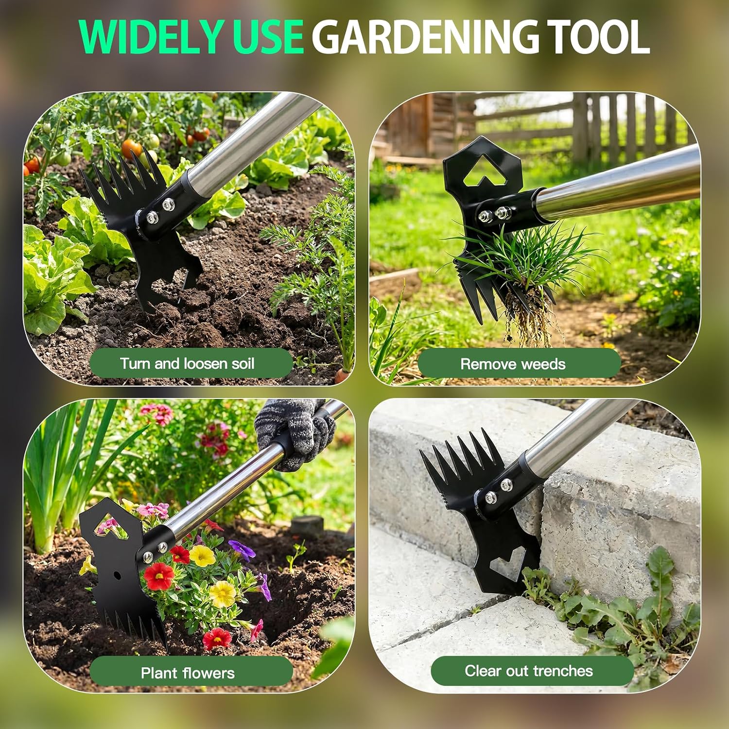60" Weed Puller Tool With Long Handle, 2-In-1 Weed Rake & Garden Hoe, Stand Up Weeding Tools Gardening, Heavy Duty Steel Weeder Tool, Manual Uprooting Weed Remover Tool For Yard, Lawn, Patio, Garden