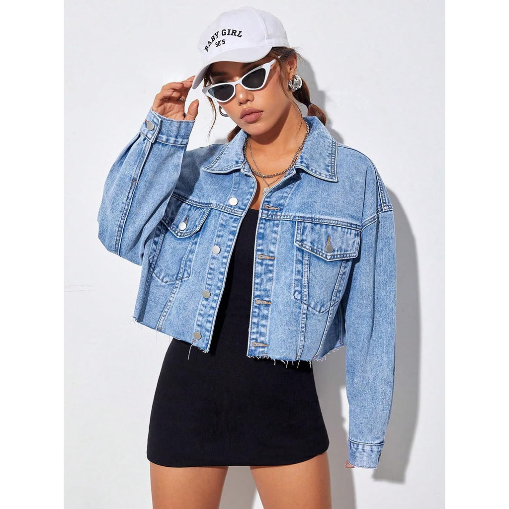 Makemechic Women'S Casual Long Sleeve Raw Hem Jean Jacket Button Down Crop Denim Jacket