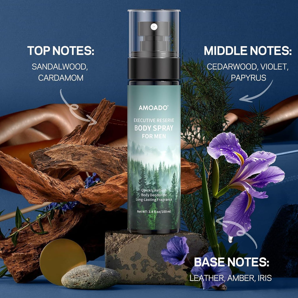 AMOADO Men’s Body Spray Set – Body Spray for Men,Deodorizing Body Mist Refreshing Spray, Aluminum-Free Cologne for Him, Oriental & Woody Scents,Each 3.4 fl oz