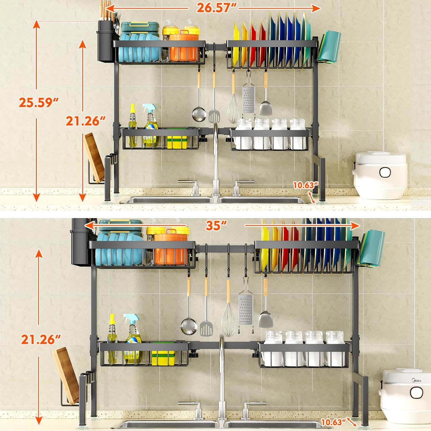 YKLSLH 4 Baskets Over The Sink Dish Drying Rack, Extendable Large Capacity Sink Rack, Metal Drying Rack Saving Space,for Most Sinks (26.57"-35")