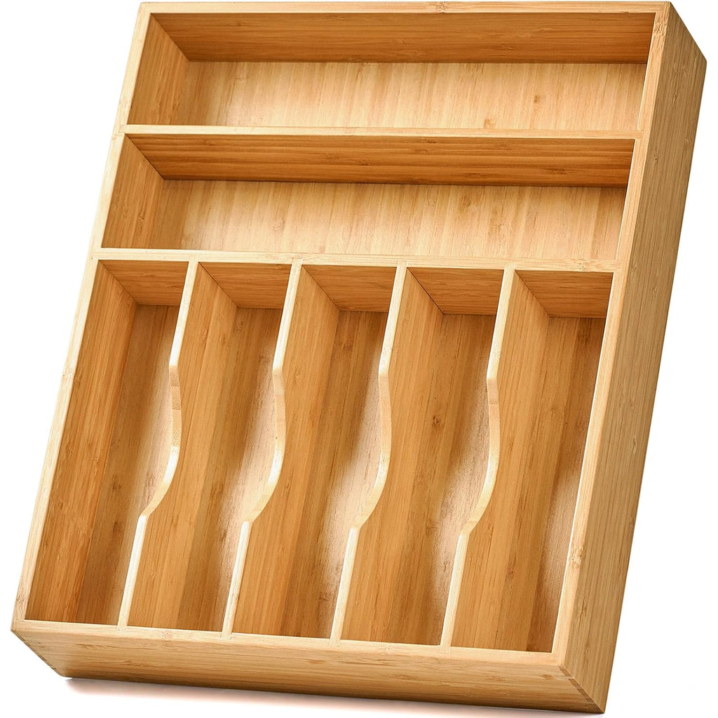 Bamboo Kitchen Drawer Organizer, 13 Inch Silverware Utensil Tray Holder, Extra Deep Grooved Drawer Divider, 7 Slots Total Bamboo Wood Caddy For Flatware Cutlery Knives, Forks, Spoons
