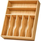 Bamboo Kitchen Drawer Organizer, 13 Inch Silverware Utensil Tray Holder, Extra Deep Grooved Drawer Divider, 7 Slots Total Bamboo Wood Caddy For Flatware Cutlery Knives, Forks, Spoons