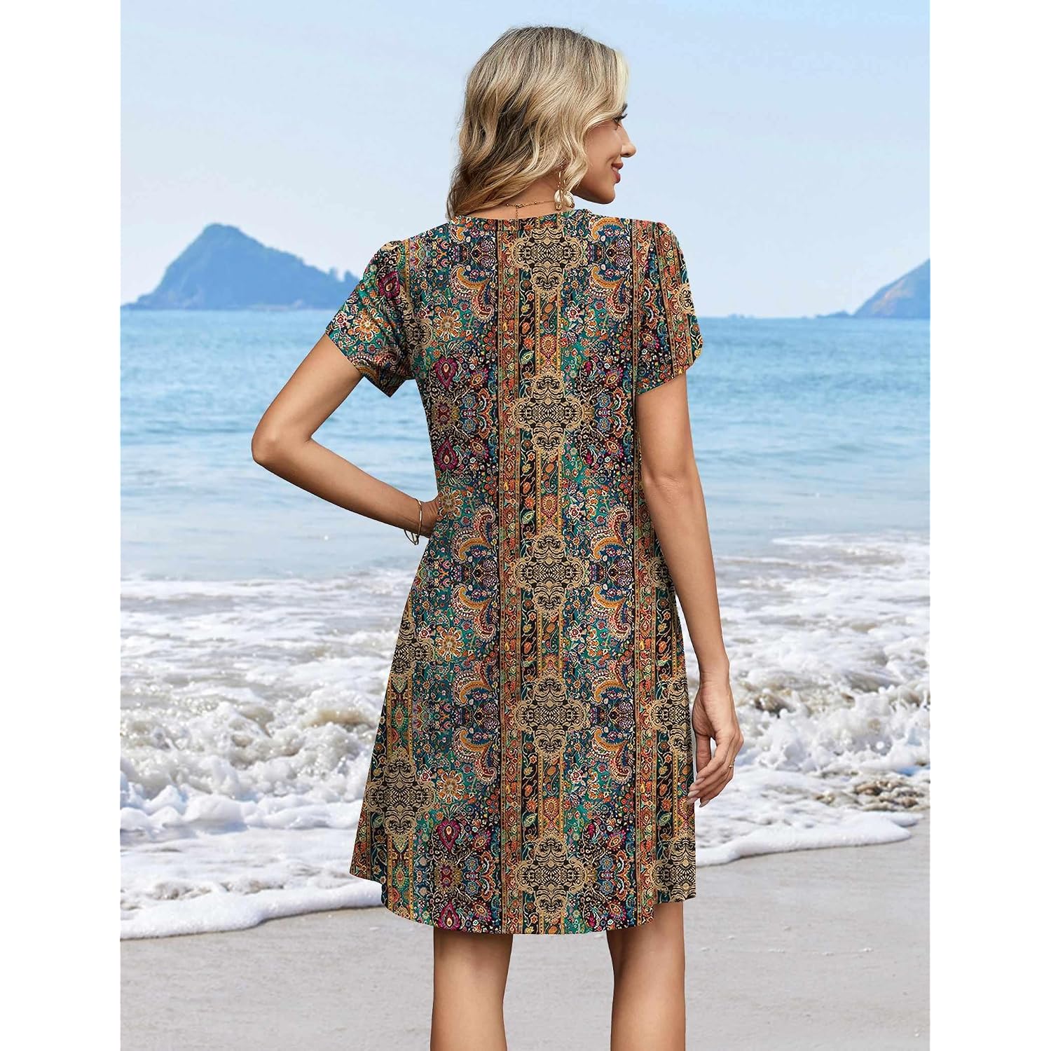Zeagoo Summer Dresses For Women Casual A Line Dress 2026 V Neck Short Dresses Floral Sundress Pleated Boho Dress