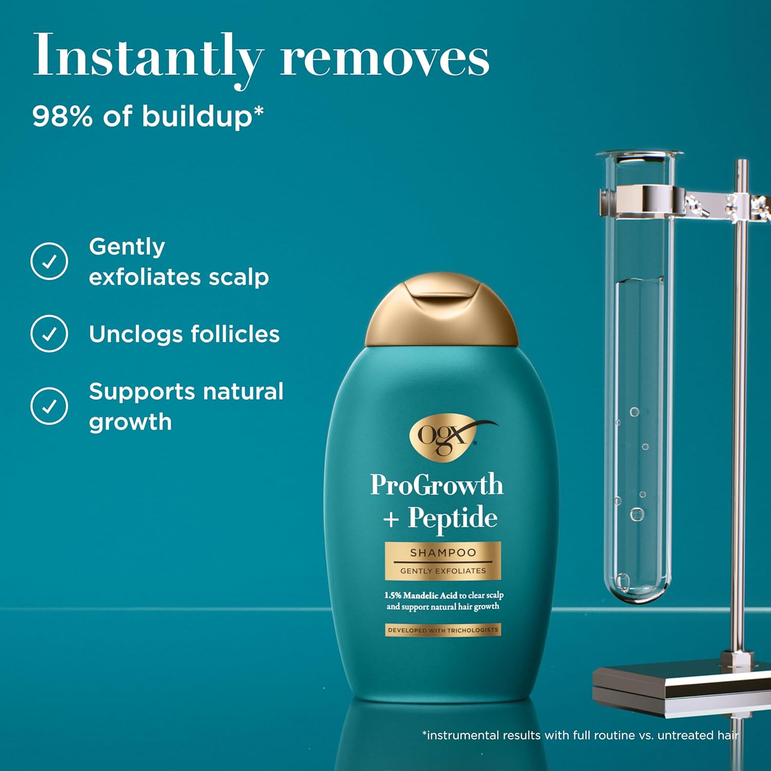 OGX ProGrowth + Peptide Clarifying Shampoo, Gentle Exfoliating Scalp Shampoo Supports Natural Hair Growth by Removing Scalp Build-Up, 1.5% Mandelic Acid, 13 fl. oz