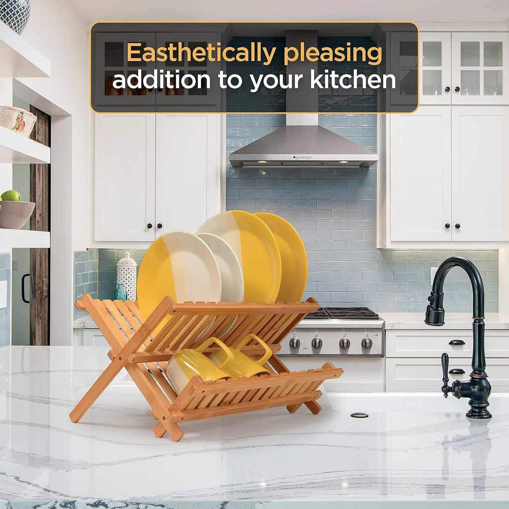 Bambüsi Collapsible Dish Drying Rack - 2 Tier Bamboo Dish Rack Dish Drainer For Kitchen Counter, Foldable Wooden Drying Rack For Plates Cups Bowls Utensils, No Assembly Folding Rack For Apartment, Rv