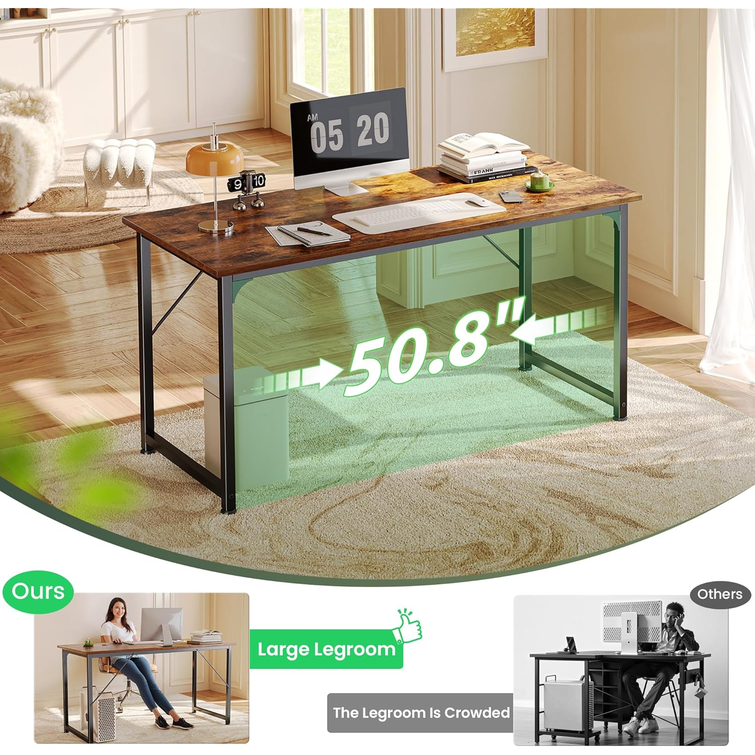 Huuger Computer Desk, 55 Inch Home Office Desk, Gaming Writing Work from Home Study Desk, Large Legroom, Sturdy Metal Frame, Modern Simple, Rustic Brown