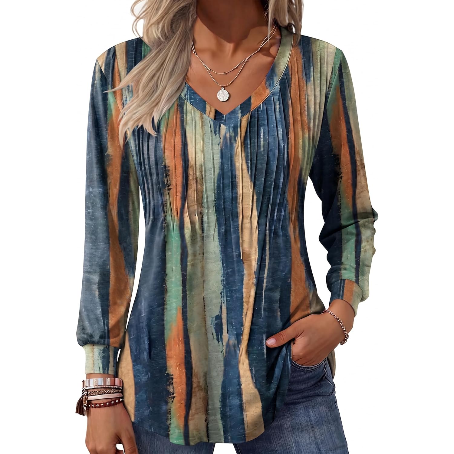 Long Sleeve Shirts for Women Casual V Neck Top Pleated Floral Boho Blouses 2026 Fall Tunics