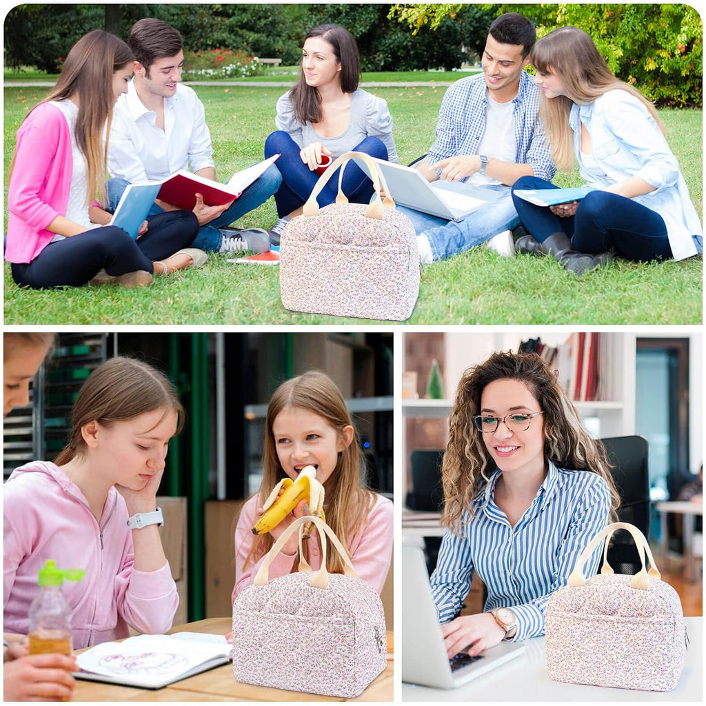 Dark Swan Cotton Quilted Insulated Lunch Bag, Cute Quilted Floral Tote Bags Reusable Lunch Box Coquette Aesthetic Large Capacity Insulated Cooler For Women Work Travel Picnic (Pink)