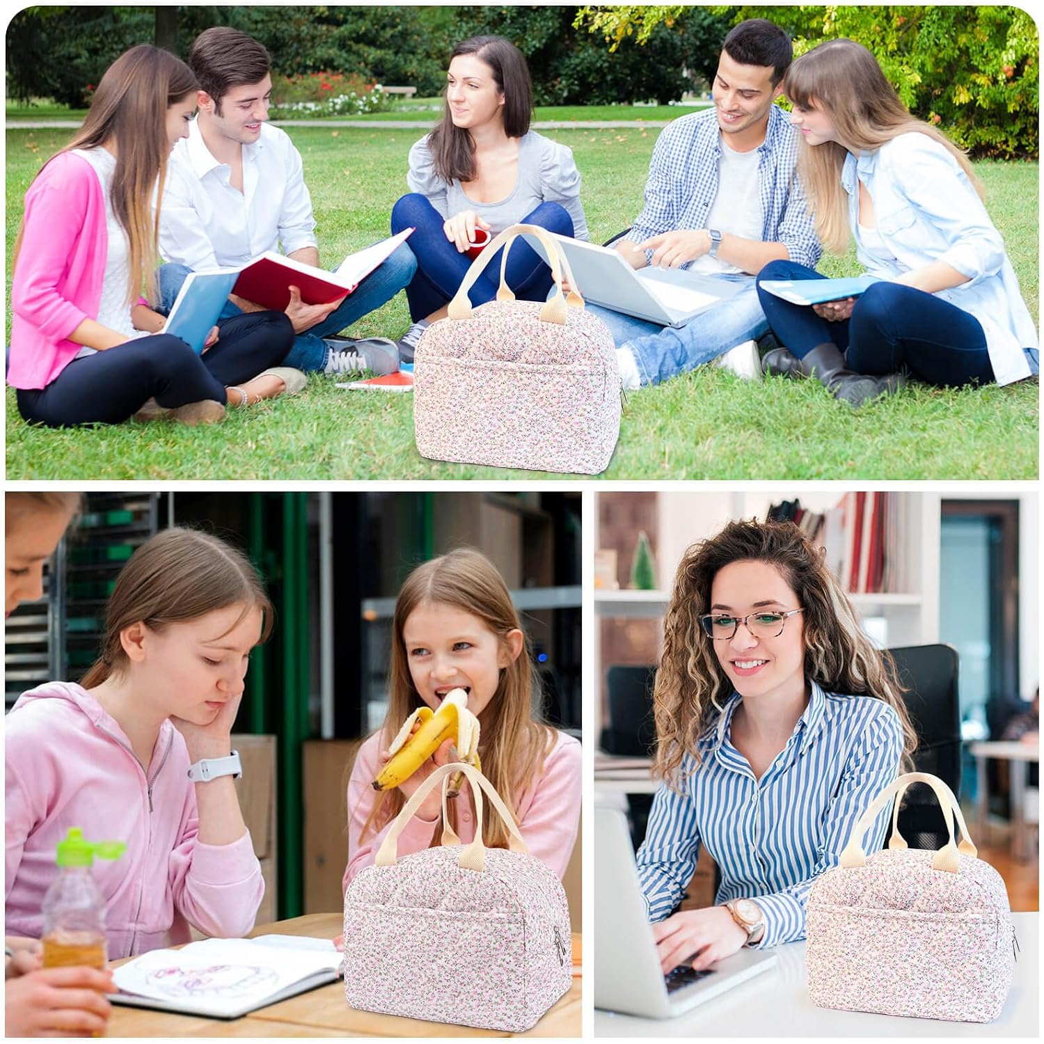 Dark Swan Cotton Quilted Insulated Lunch Bag, Cute Quilted Floral Tote Bags Reusable Lunch Box Coquette Aesthetic Large Capacity Insulated Cooler For Women Work Travel Picnic (Pink)
