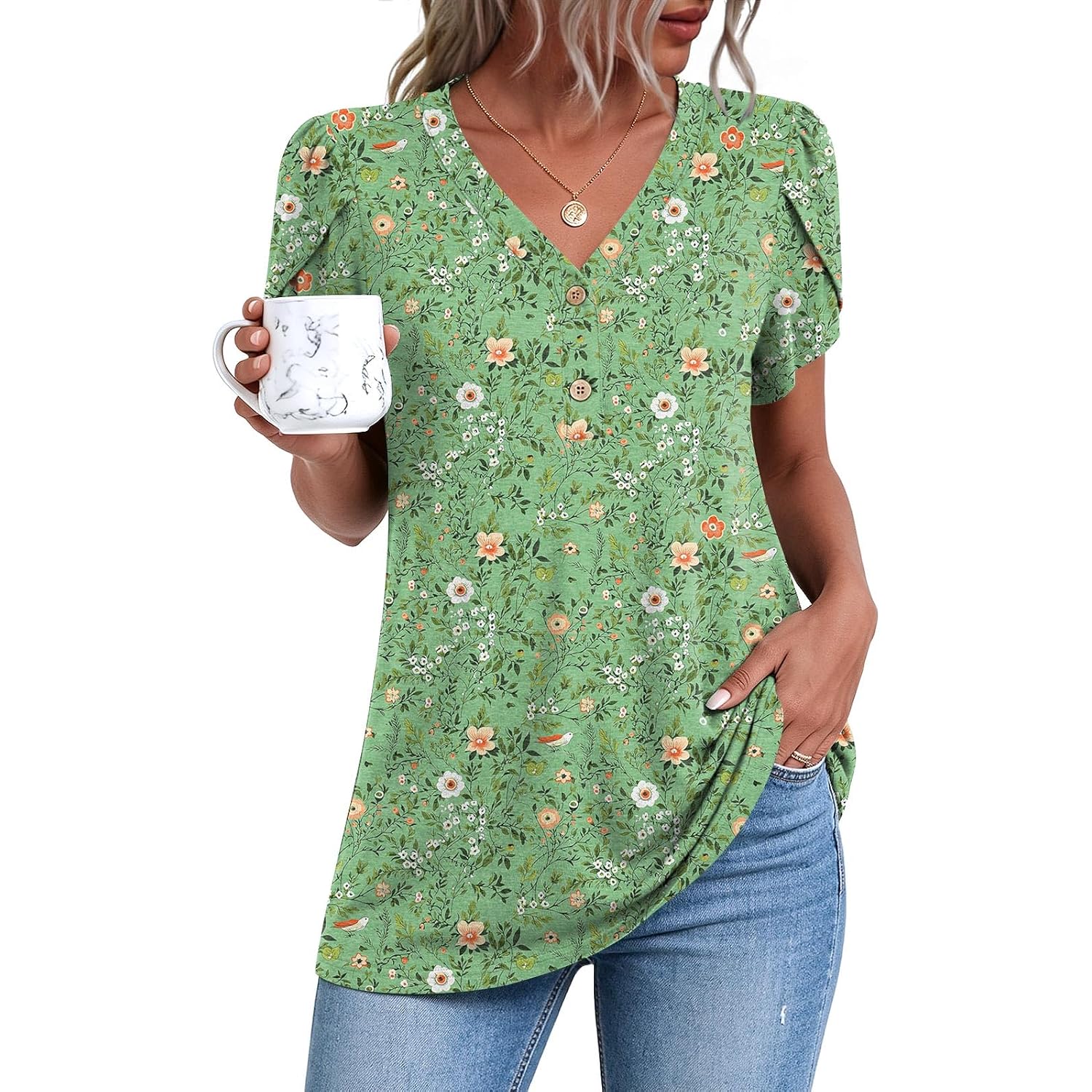 2026 Women's Summer Henley V-Neck Button Up Tunic Top Petal Sleeve Comfy Blouse Casual T-Shirt Sizes M-3XL