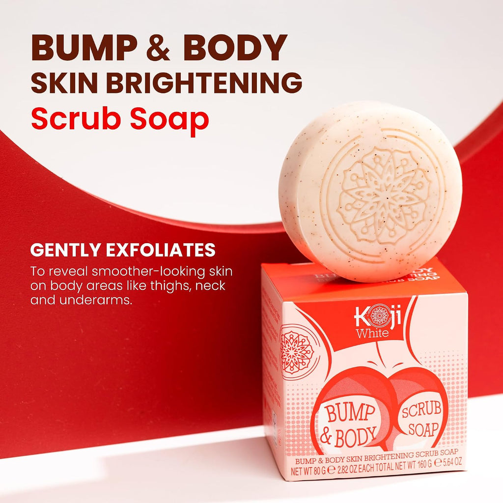 Koji White Kojic Acid Bump Eraser Body Scrub Soap For Exfoliation Butt, Elbow, Underarm With Glutathione, Coenzyme Q10, Skin Brightening For Fade Dark Spots, Fine Lines And Wrinkles, 2.82 Oz (2 Bars)