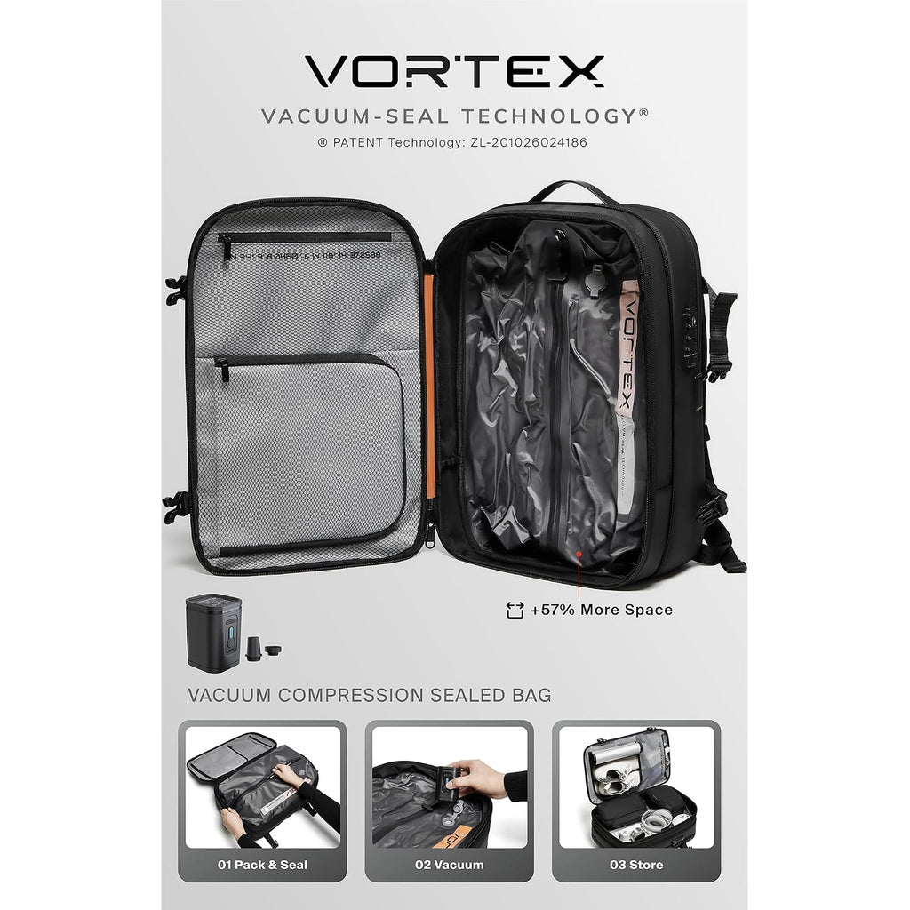Vortex Vacuum Seal Travel Backpack 60L Expandable Air Compression System Water Resistant Tsa Lock Carry-On