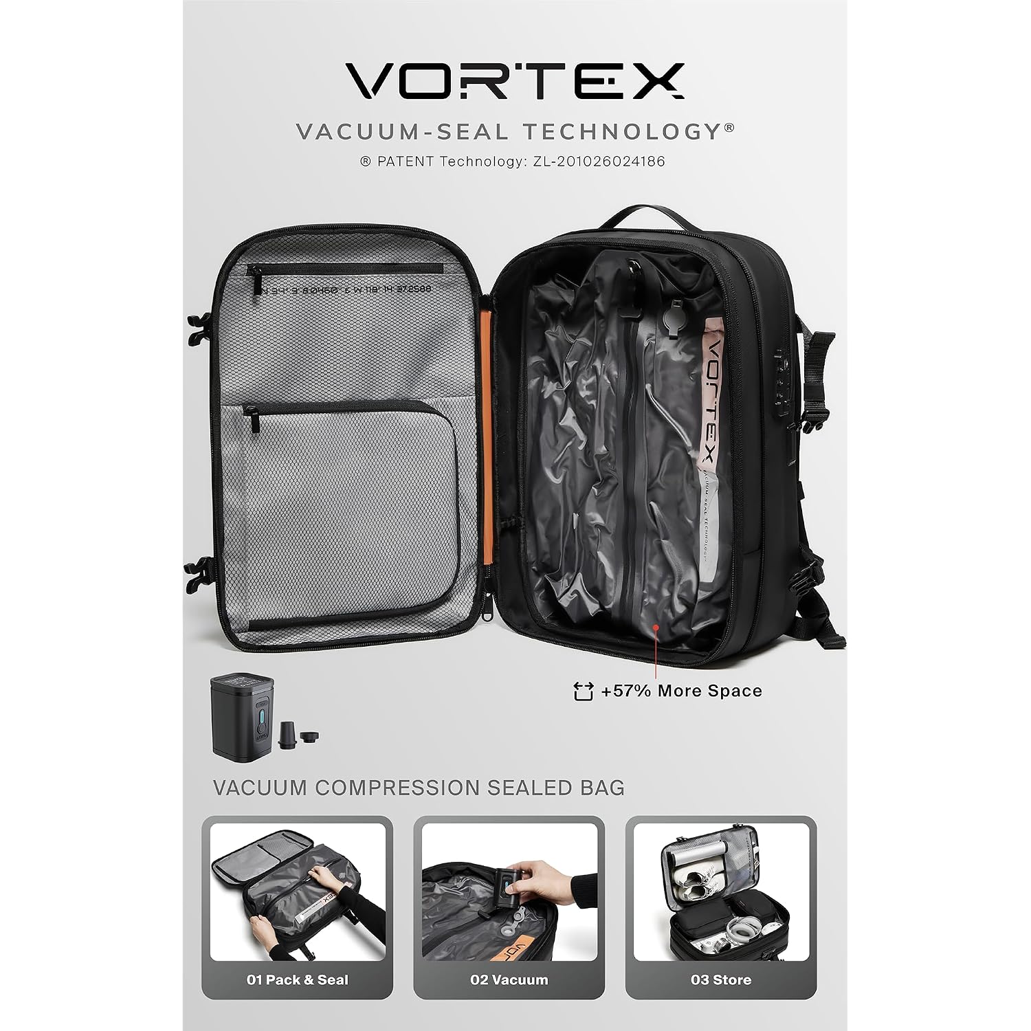 Vortex Vacuum Seal Travel Backpack 60L Expandable Air Compression System Water Resistant Tsa Lock Carry-On
