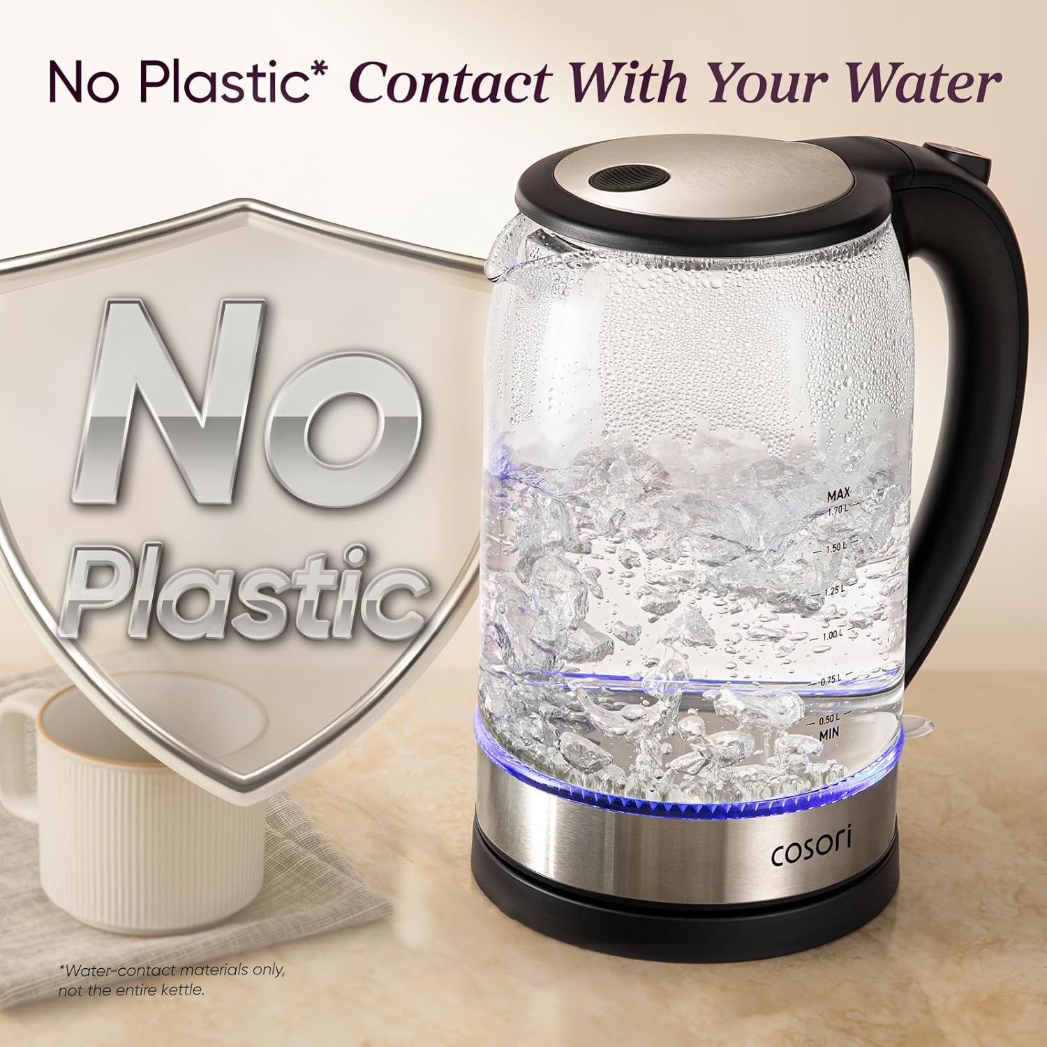 Cosori Electric Kettle, No Plastic Contact With Water, Wide Mouth For Easy Cleaning, Auto Shut Off, 1.7L Tea Kettle & Hot Water Boiler, Water Heater & Teapot, Borosilicate Glass, Black, 1500W