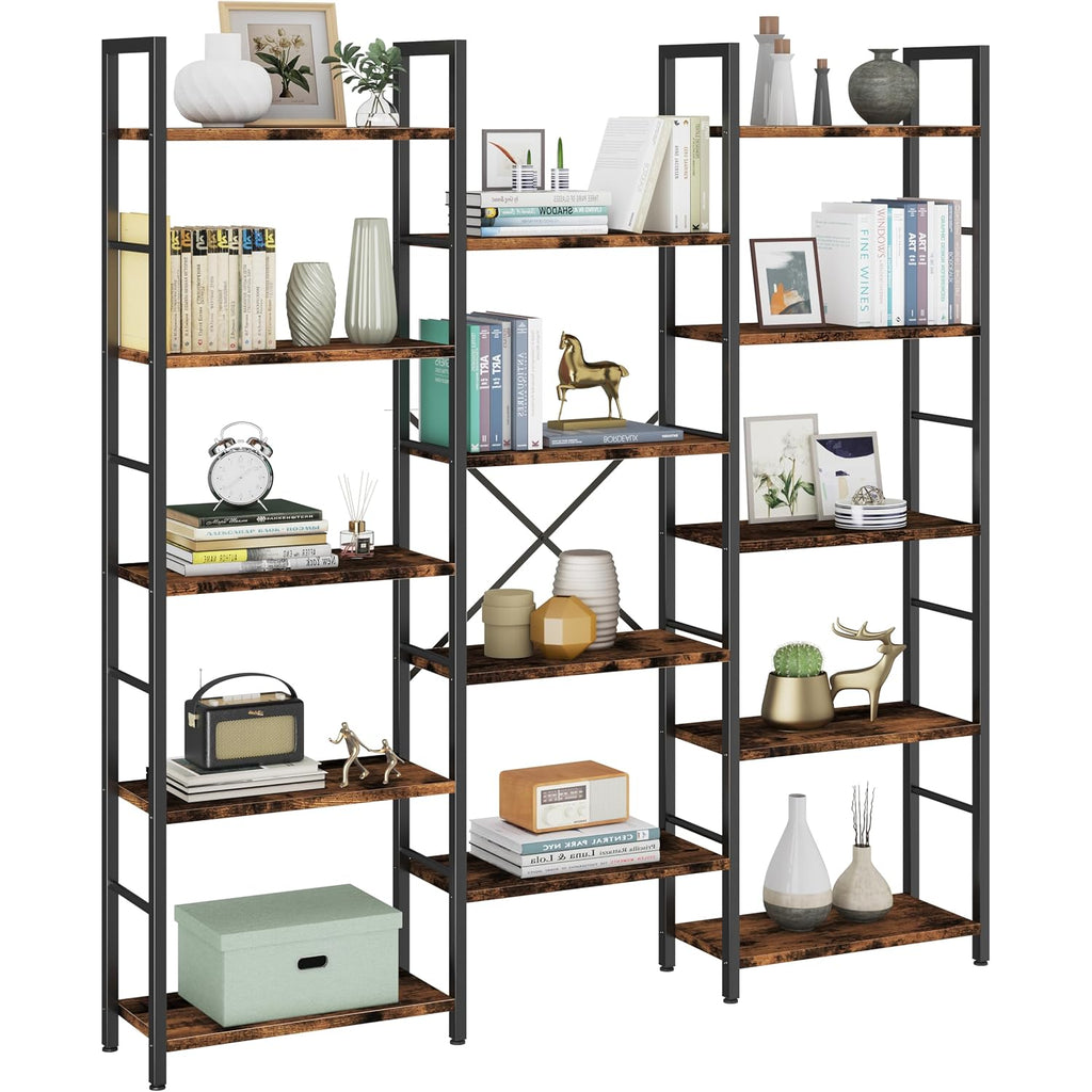Shintenchi Triple Column 5 Tier Bookshelf, Industrial Large Bookcase Display Shelves, Large Etagere Bookshelf,Wide Book Shelf Book Case For Home & Office, Rustic Brown