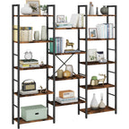 Shintenchi Triple Column 5 Tier Bookshelf, Industrial Large Bookcase Display Shelves, Large Etagere Bookshelf,Wide Book Shelf Book Case For Home & Office, Rustic Brown