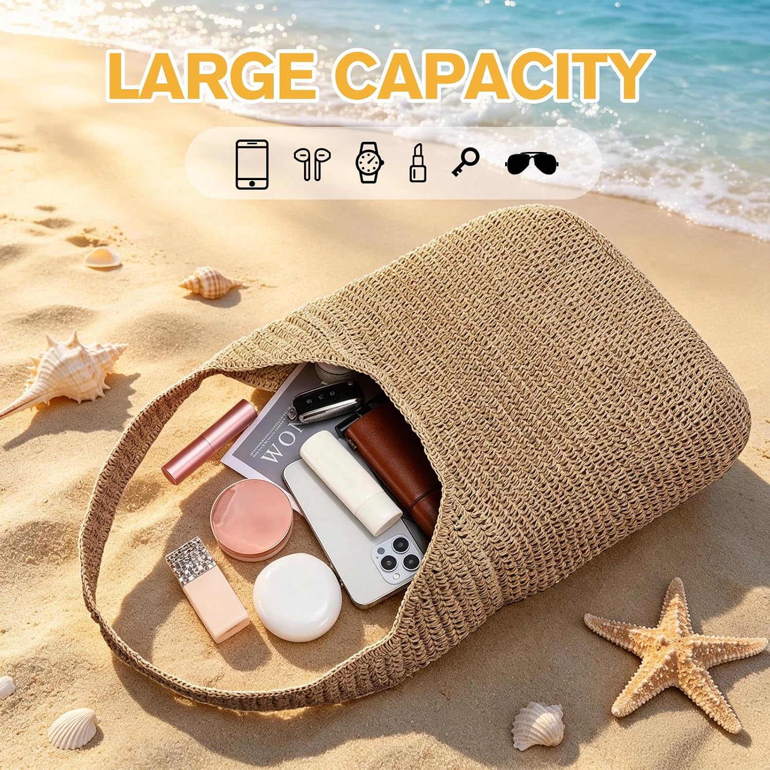 Beach Bags For Women Boho Straw Purse Summer Woven Shoulder Bag Handbag Crochet Mesh Tote Bag Vacation Purse