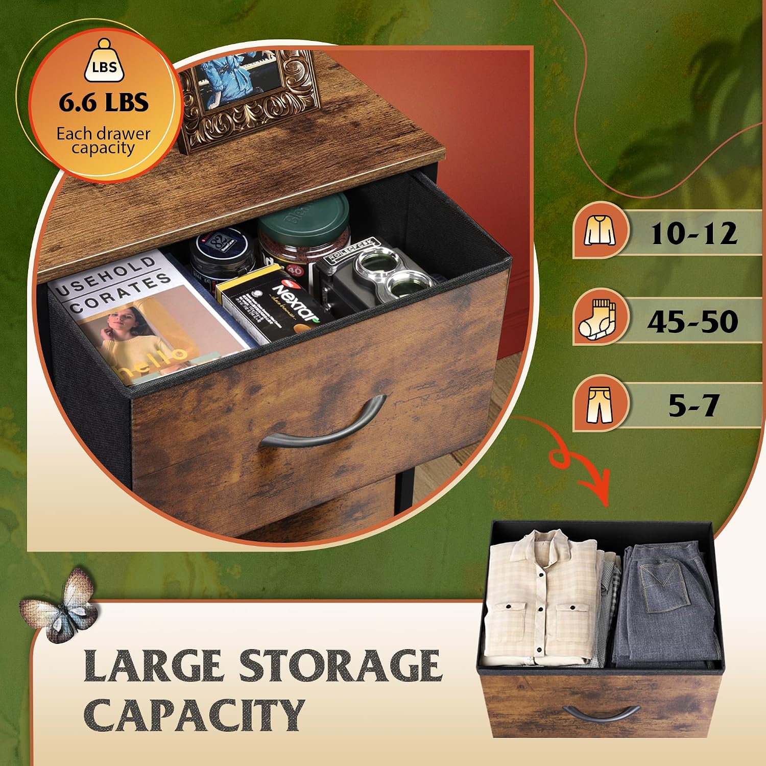 Wlive Fabric Dresser For Bedroom, 5-Drawer Tall Dressers, Storage Organizer With Fabric Bins, Wood Top, Sturdy Steel Frame, Chest Of Drawers For Closet, Hallway, Rustic Brown Wood Grain Print