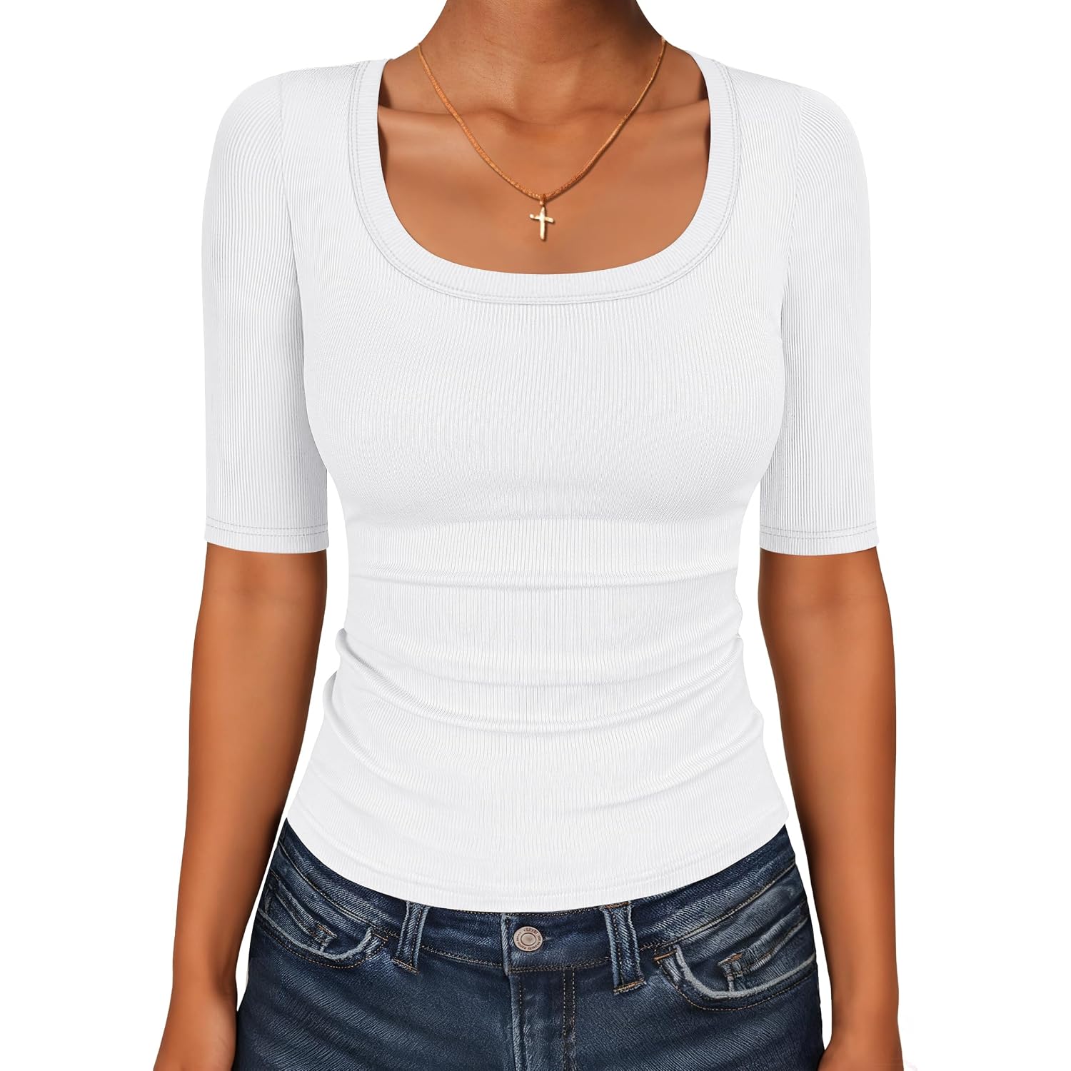 Anrabess Womens Half Sleeve Tops Scoop Neck Ribbed Knit Slim Fitted Basic Tee Shirts Summer 2026 Trendy Spring Casual Clothes