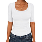 Anrabess Womens Half Sleeve Tops Scoop Neck Ribbed Knit Slim Fitted Basic Tee Shirts Summer 2026 Trendy Spring Casual Clothes