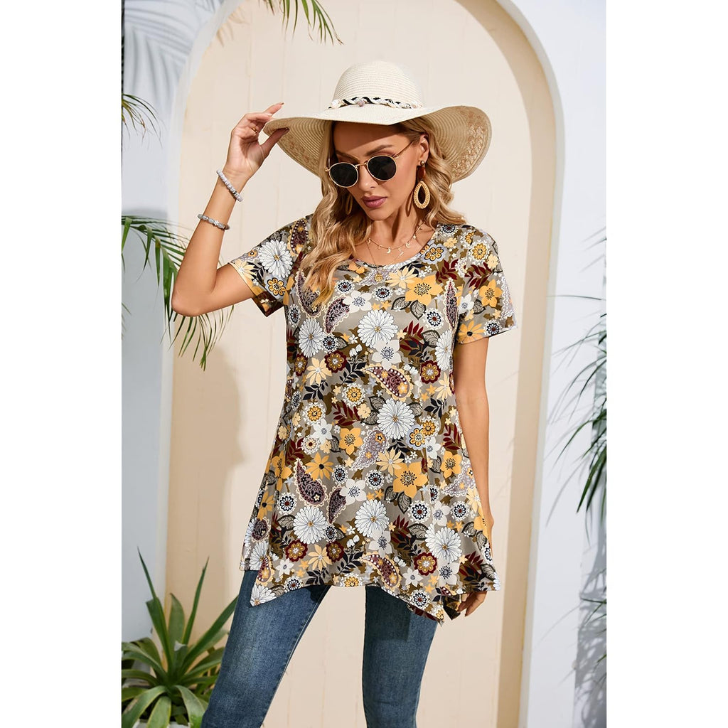Tunic Tops for Women Plus Size Short Sleeve Top Loose Fit Dressy Casual Swing Summer Tunics Tops to Wear with Leggings