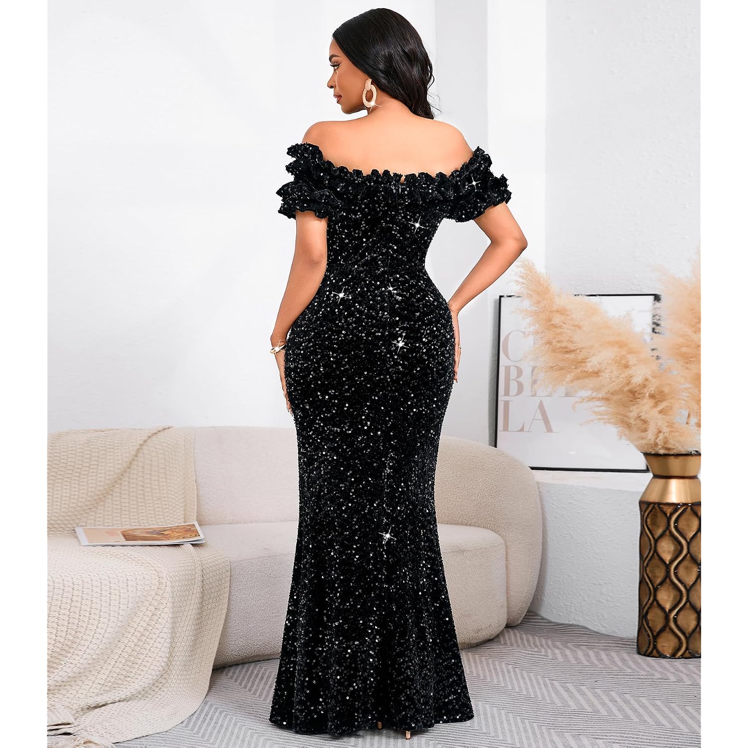 Dasmzper Women Sexy Sequin Off Shoulder Ruffle Short Sleeve Bodycon Mermaid Party Formal Evening Maxi Dress