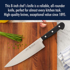 Henckels Classic 8-Inch Chef Knife, Razor-Sharp, German Engineered | Fully Forged Construction Provides Balance With Traditional Triple-Rivet Handles Enables Comfortable Easy Cutting.