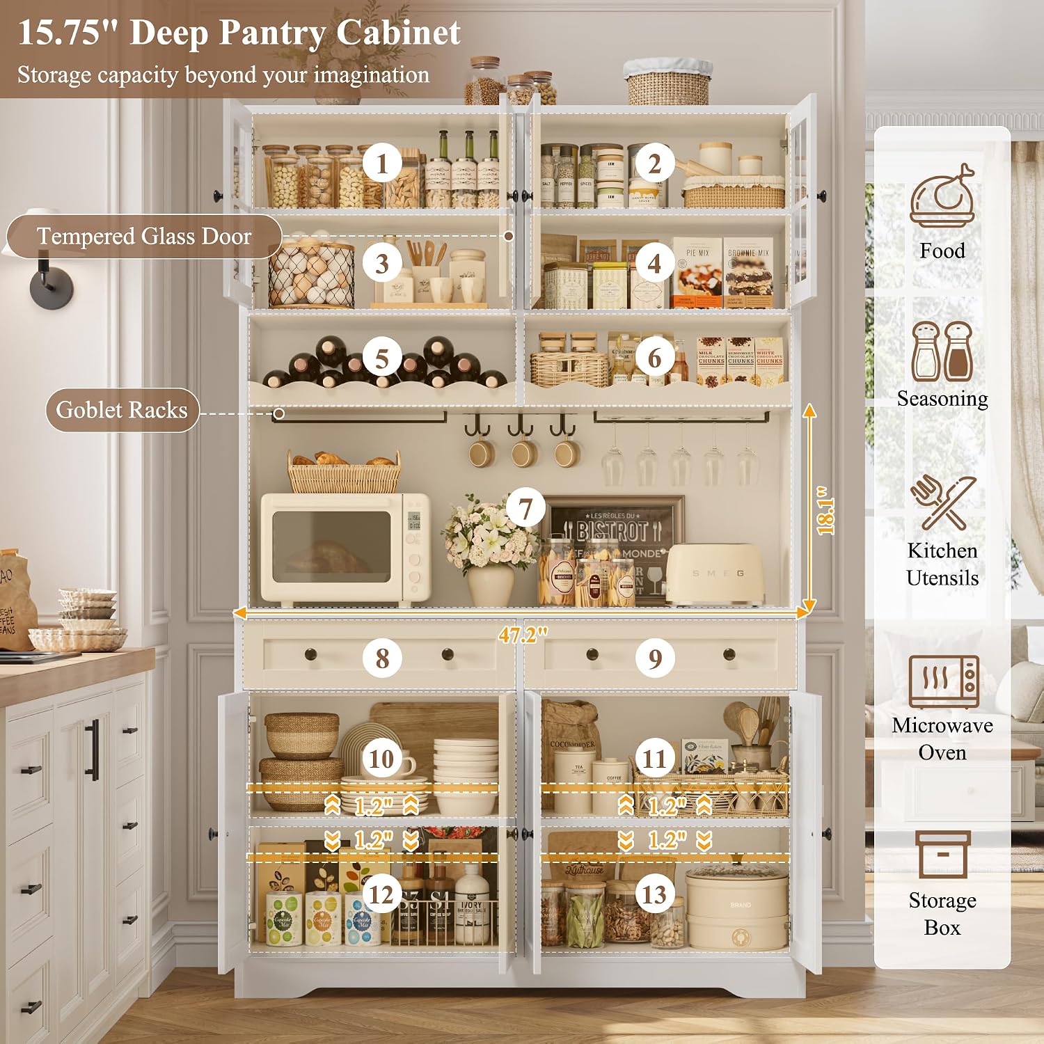 Hostack 75" Kitchen Pantry Storage Cabinet, Coffee Bar Hutch Cabinet, White | Tall Pantry Cabinet With Charging Station / Wide Countertop / Glass Doors / Wine Rack / Cup Holder / Drawers, Dining Room