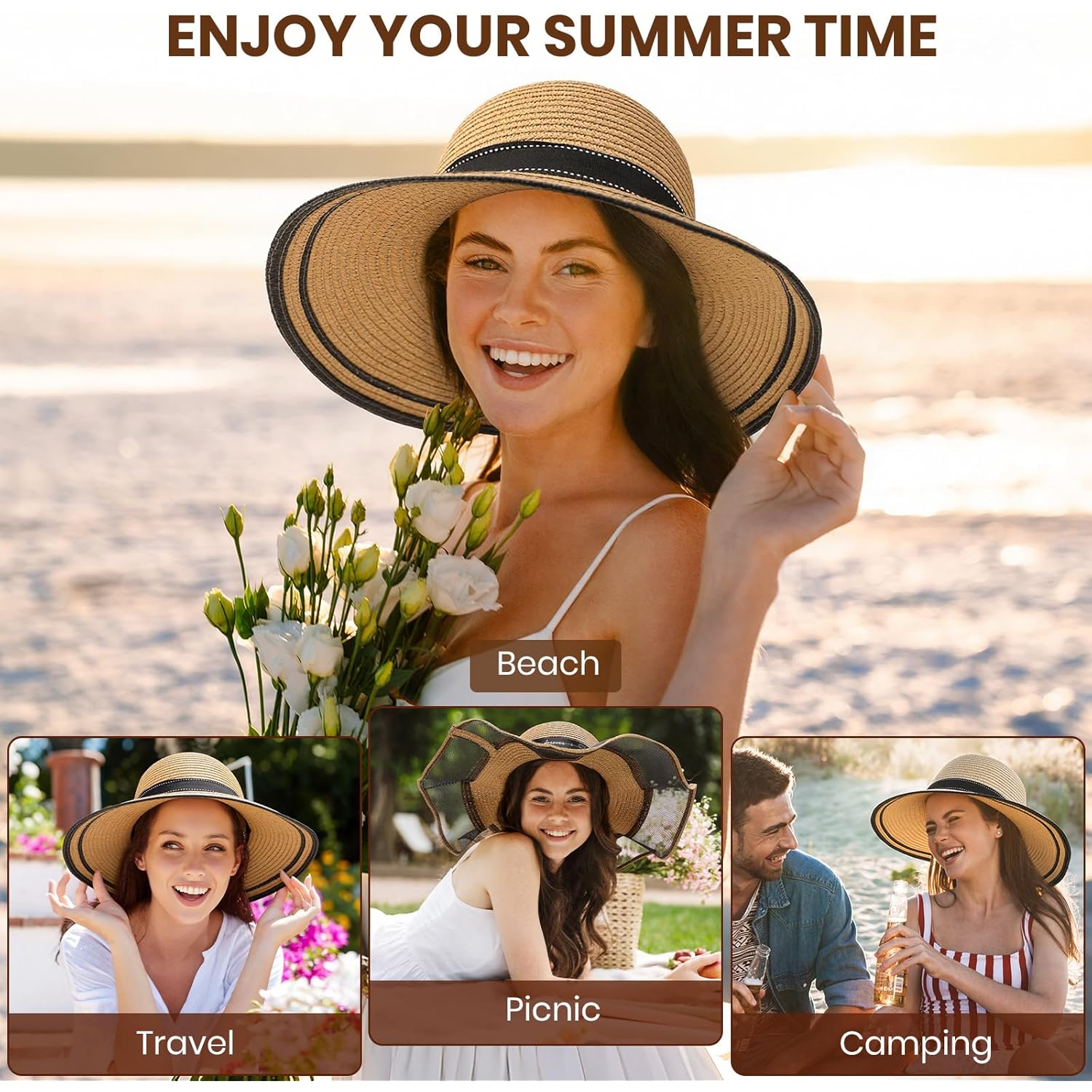 Beach Hats for Women, Wide Brim Sun Straw Hat for Women, Sun Hat UPF 50+ UV Protection