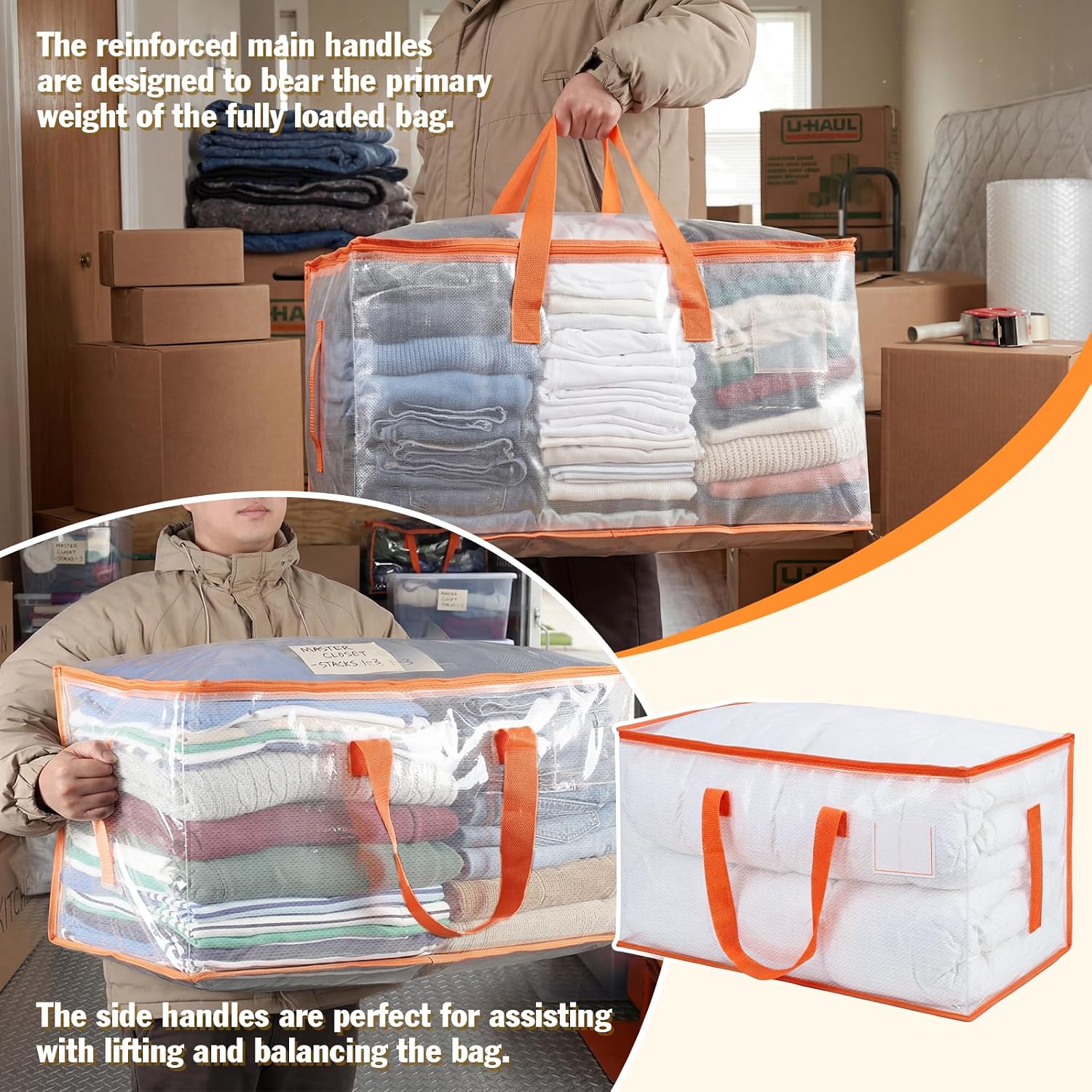 Kyodoled 10-Pack Clear Moving Bags Heavy Duty Extra Large, Storage Totes With Reinforced Handles, Zippers & Label Pocket, Transparent Packing Containers For College Dorm, Clothes, Bedding, Toys