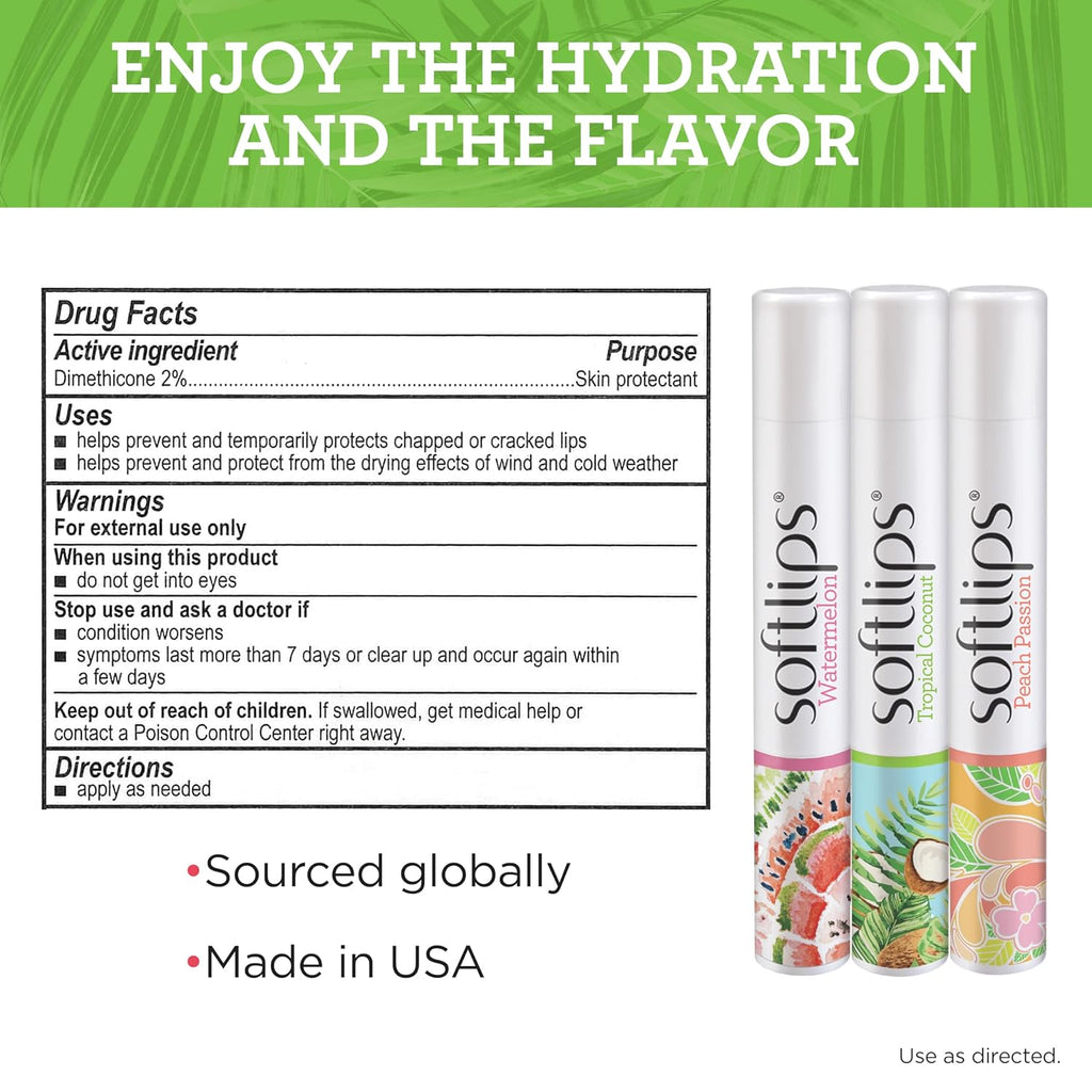 Softlips Daily Lip Moisturizer For Very Dry Lips, Tropical Flavored Lip Balms, Hydrates, Soothes & Prevents Dry, Chapped Lips, Smooth Glide Formula, Dermatologist Tested, Pack Of 3 Chap Sticks