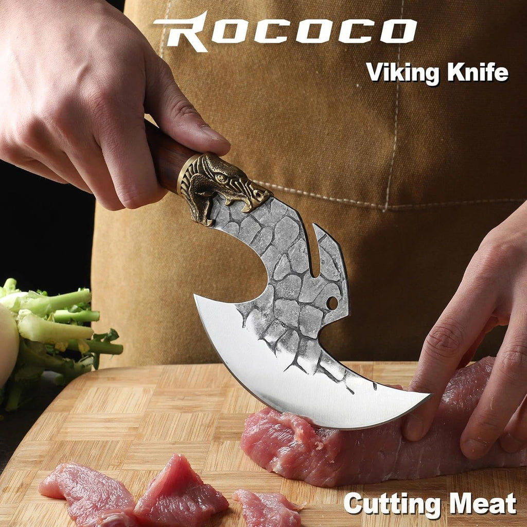 ROCOCO Viking Cleaver Knife Birthday - Butcher Meat Cutting Boning Knife Hand Forged Chinese Kitchen Axe with Sheath Home Outdoor BBQ Camping Chirstmas Mother Father Gift Men