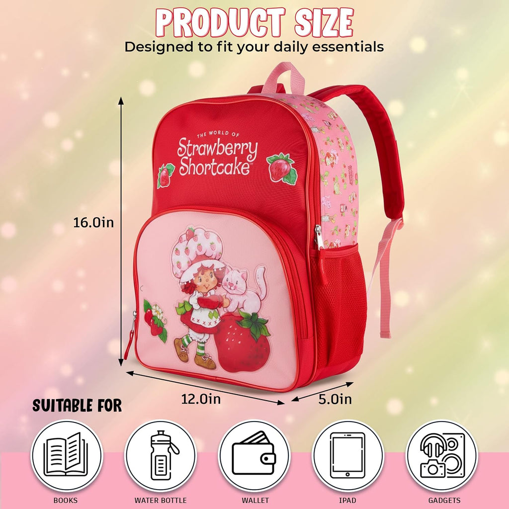 Ai Accessory Innovations Strawberry Shortcake Backpack For Girls Bookbag Featuring Strawberry Shortcake & Custard, 15 Inch School Bag, Pink