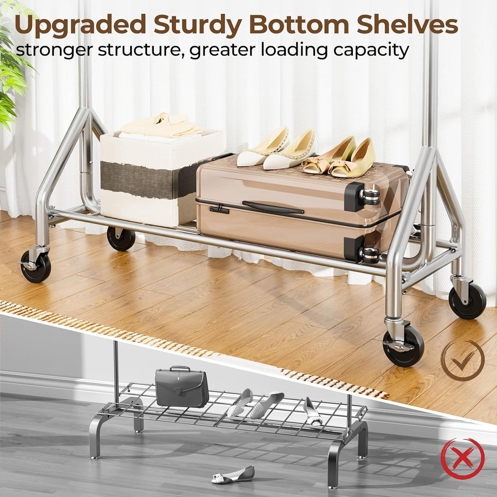 Hyseyy Heavy Duty Clothes Rack Load 450 Lbs, Metal Garment Rack, Standing Rolling Clothing Rack For Hanging Clothes With Sturdy Wheels & Shelves, Portable Closet Wardrobe Rack,Sliver