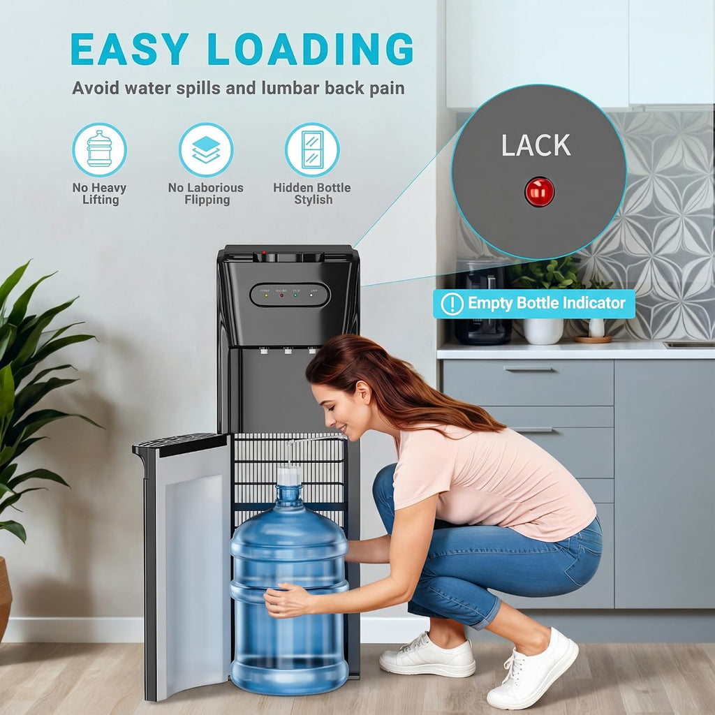 Bottom Loading Water Cooler Dispenser，3 Temperature Settings - Hot, Cold & Room, Empty Bottle Indicator, Child Safety Lock, Ideal For Office, Home, Living Room, Matte Black
