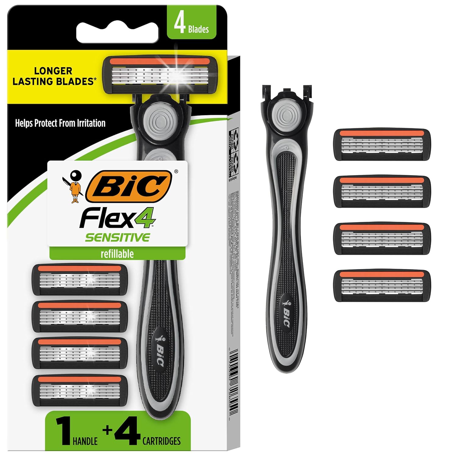 BIC Flex 4 Men's Refillable 4-Blade Razors with 1 Handle and 4 Cartridges, Pivoting Head and Lubricating Strip for Father’s Day
