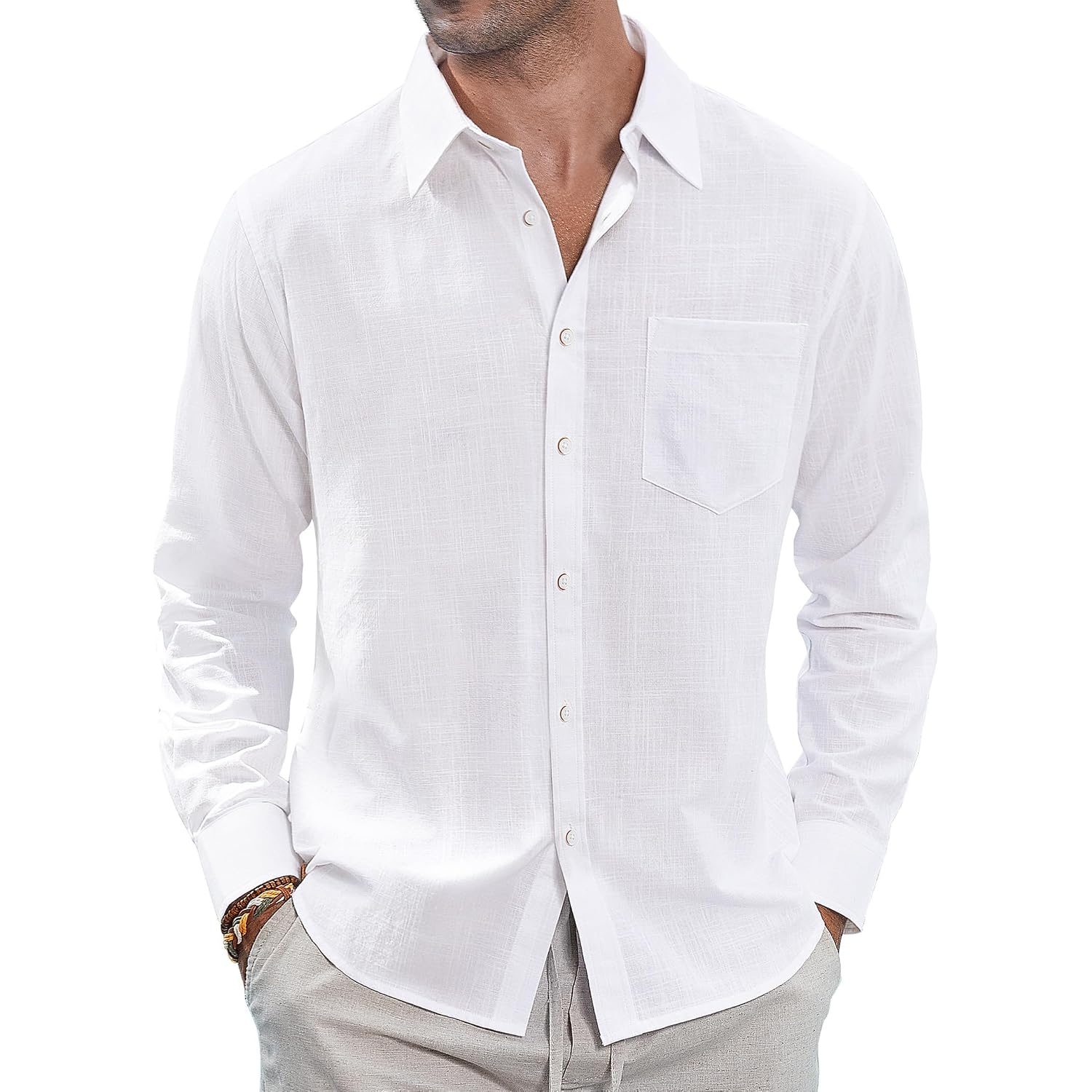 J.Ver Men'S Linen Shirts Casual Button Down Long Sleeve Shirt Solid Spread Collar Summer Beach Shirts With Pocket