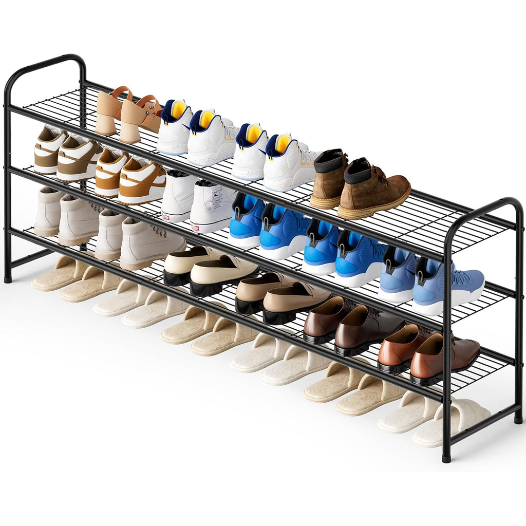 3-Tier Long Shoe Rack For Closet Metal Shoe Organizer For Entryway, Wide Stackable Shoe Storage Shelf With Sturdy Wire Grid For Closet Floor, Bedroom, Black