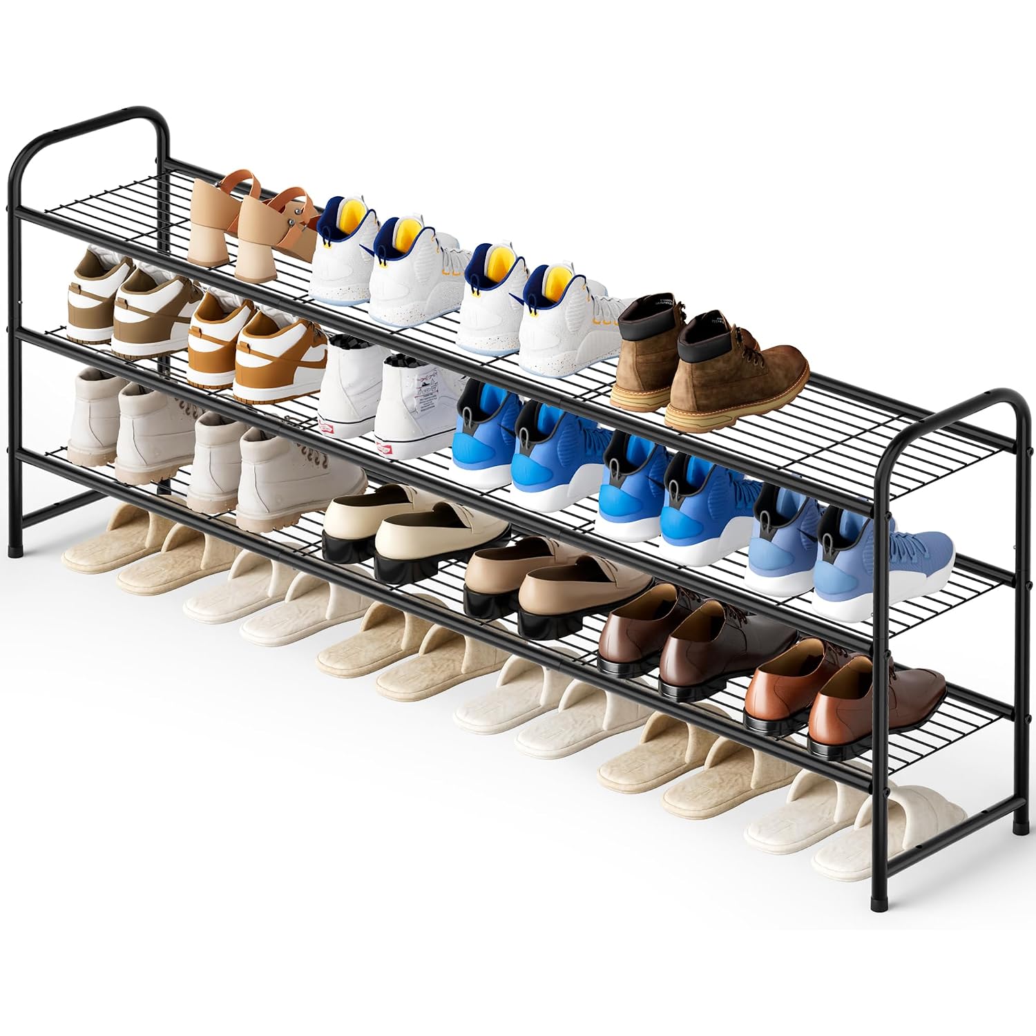 3-Tier Long Shoe Rack For Closet Metal Shoe Organizer For Entryway, Wide Stackable Shoe Storage Shelf With Sturdy Wire Grid For Closet Floor, Bedroom, Black