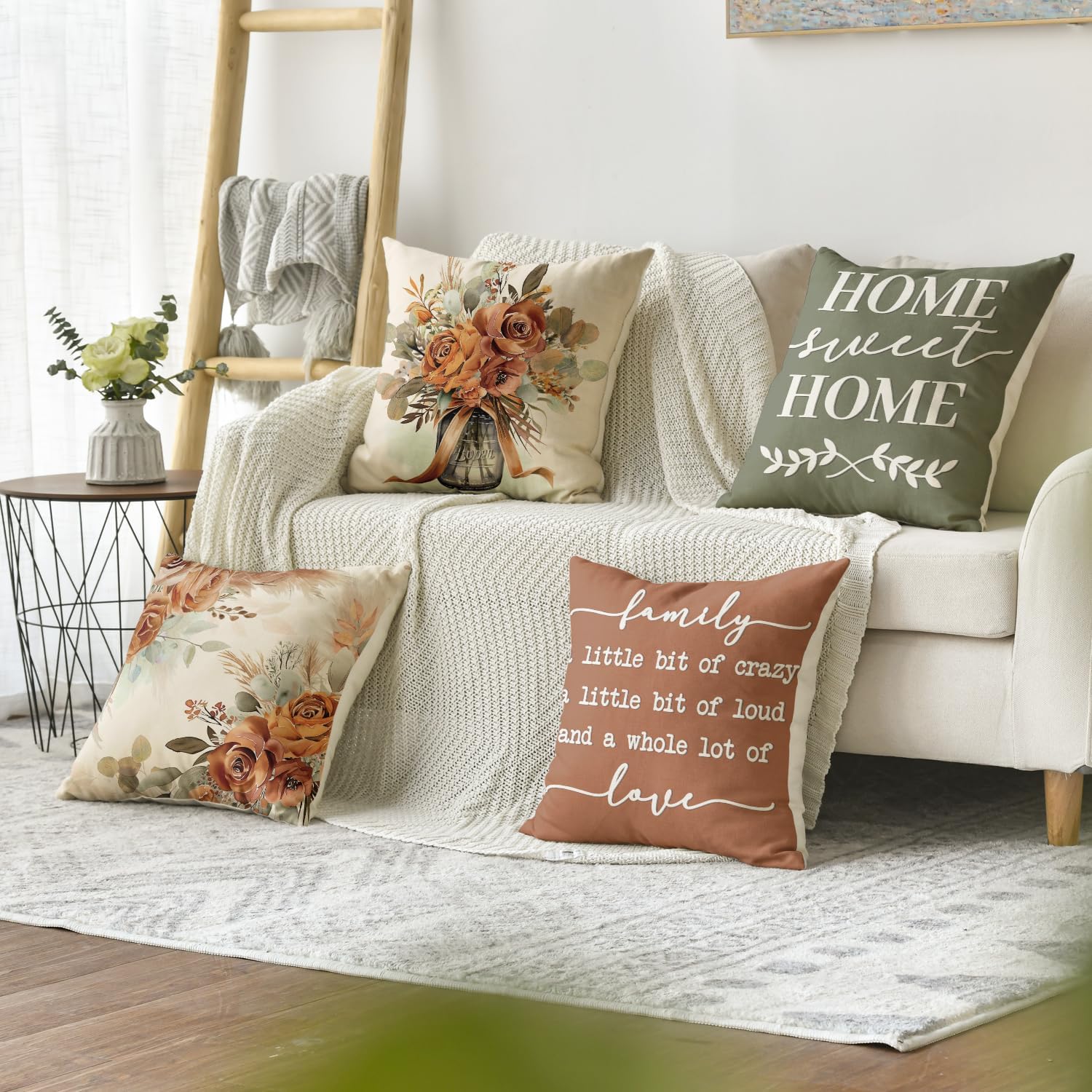 AVOIN colorlife Spring Home Sweet Home Terracotta Sage Throw Pillow Covers, 18 x 18 Inch Seasonal Fall Eucalyptus Floral Motto Cushion Case for Sofa Couch Set of 4