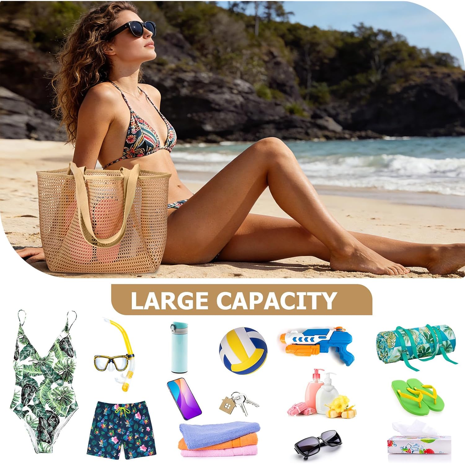 Iioscre Beach Bag For Women, Causal Hobo Bag With Zipper Inner Pocket, Foldable Mesh Dive Duffle Bag For Vacation Essentials